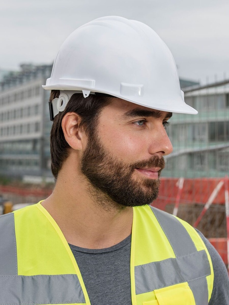 Casco da cantiere in polietilene con bardatura regolabile e certificazione EN397