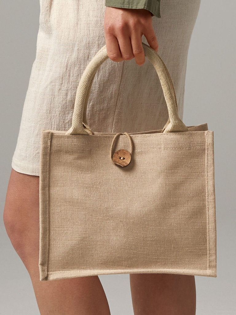 Borsa regalo in juta e cotone con chiusura a cordino e bottone