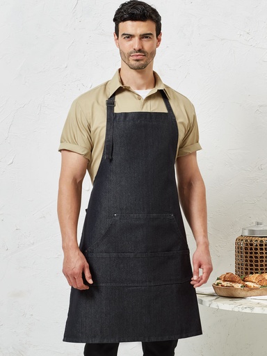 Grembiule da lavoro in denim con cuciture a contrasto e inserti in rame
