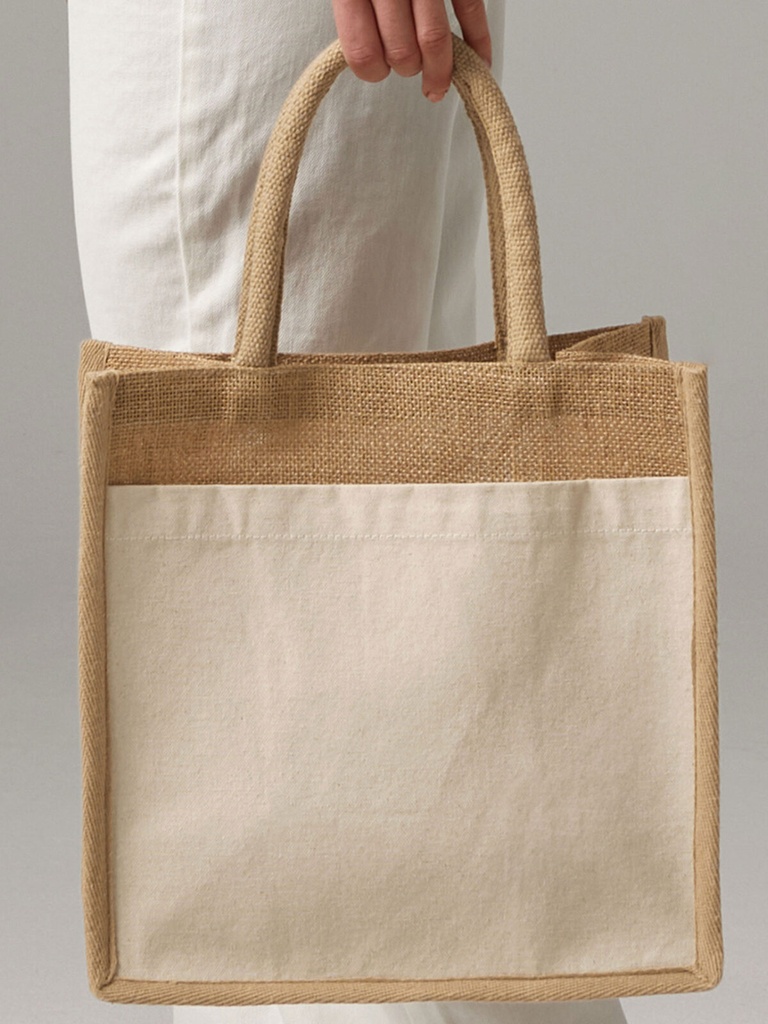 Shopper in juta con manici in cotone e tasca frontale