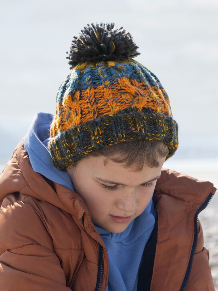 Berretto a righe con pompon e fascia termica per bambini