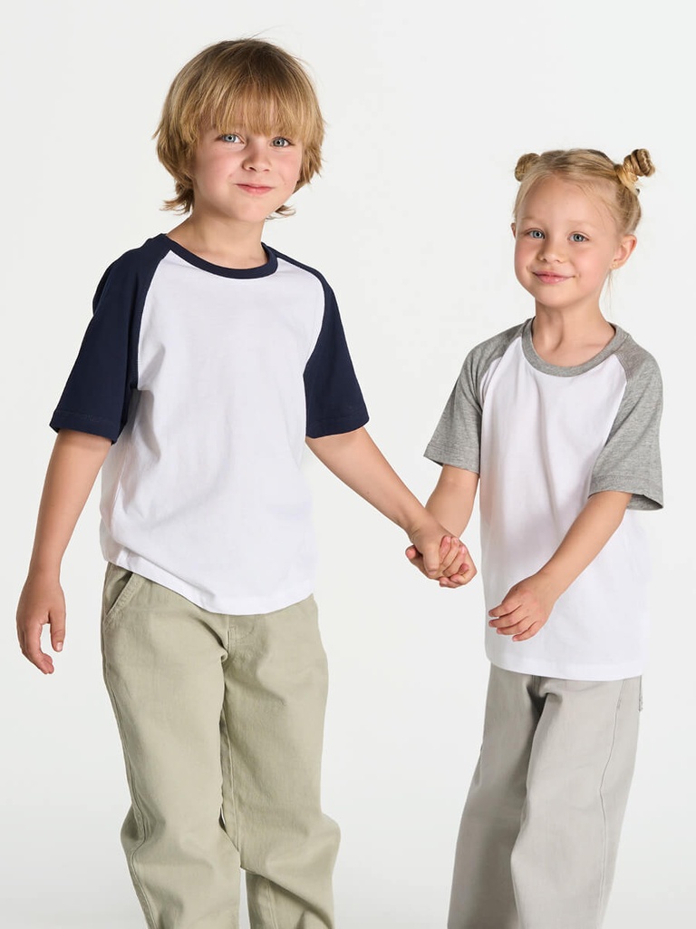 T-shirt bambino manica corta con maniche raglan e collo a contrasto