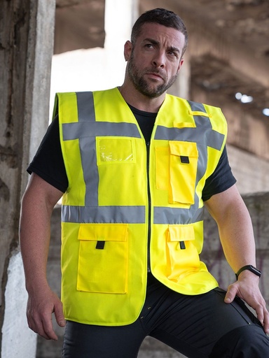 Gilet di sicurezza multitasche con strisce riflettenti e cerniera