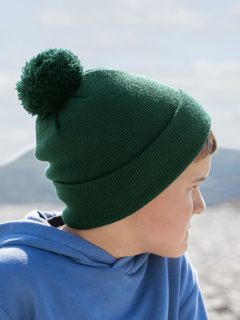 Cuffia in maglia a doppio strato con pompon e risvolto